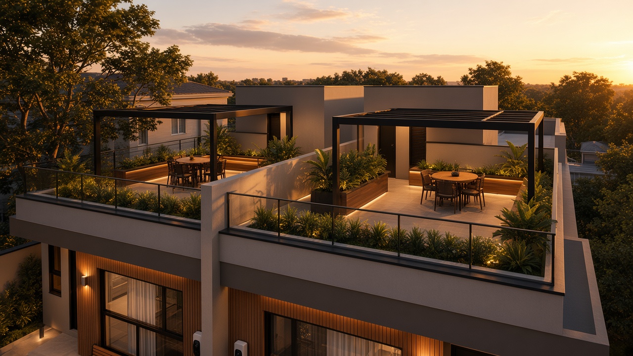Laje de lazer Rendal ao pôr do sol, com pergolas, jardineiras e madeira ripada na fachada